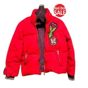 🔴Frankie Morello Bright Red Puffer Hooded Ski Jacket w Front Embroidered - SZ M